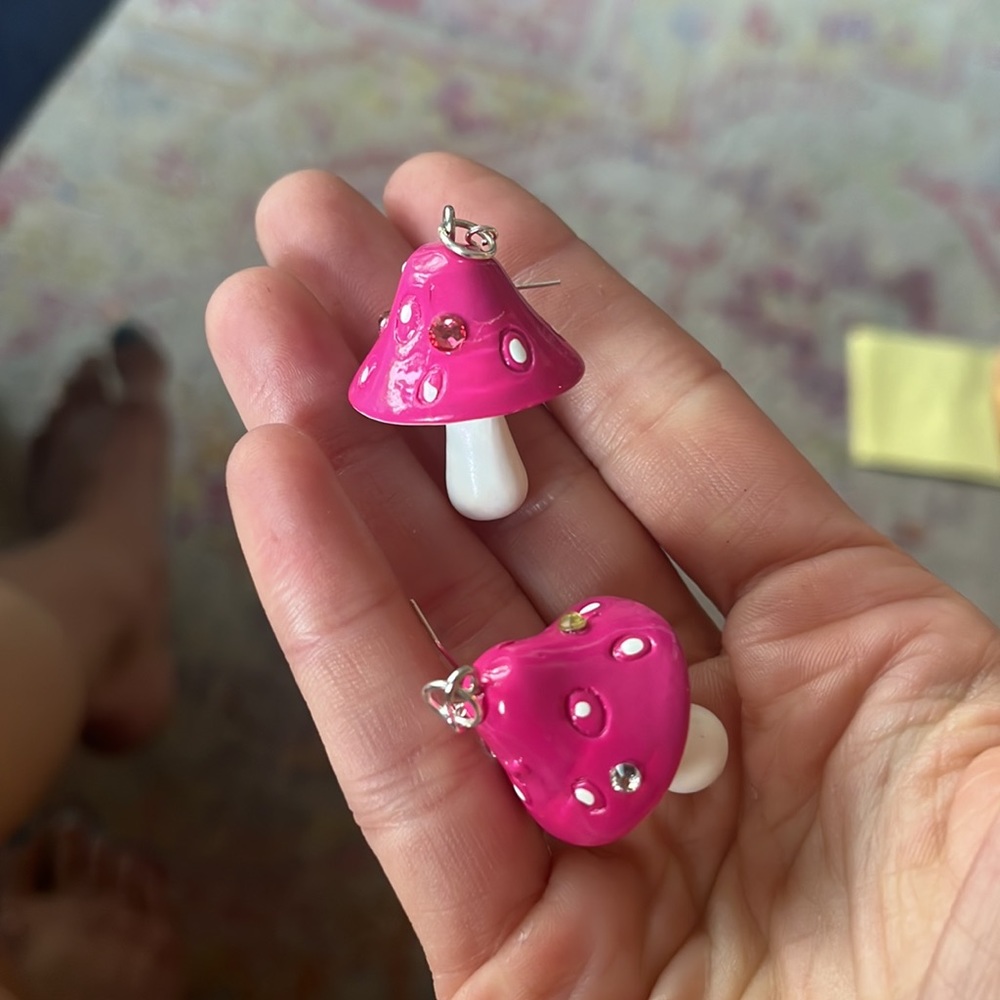 Magenta pink mushroom dangle earrings with rhinestones